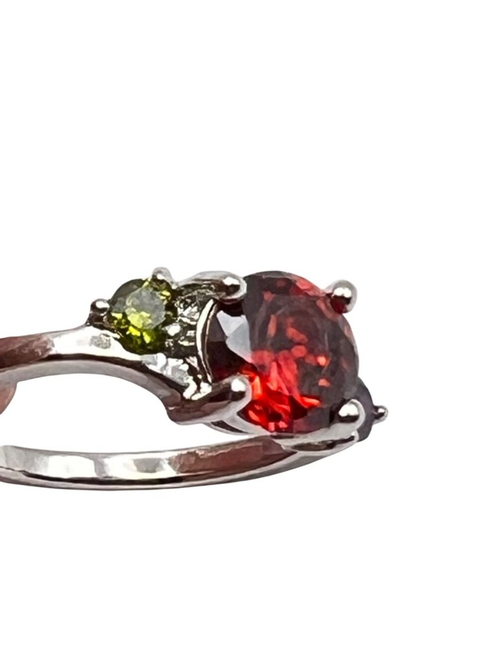 3 Stone Ring Sz 7.75 Red Green Purple CZ SilverTone Faux Garnet Peridot Amethyst